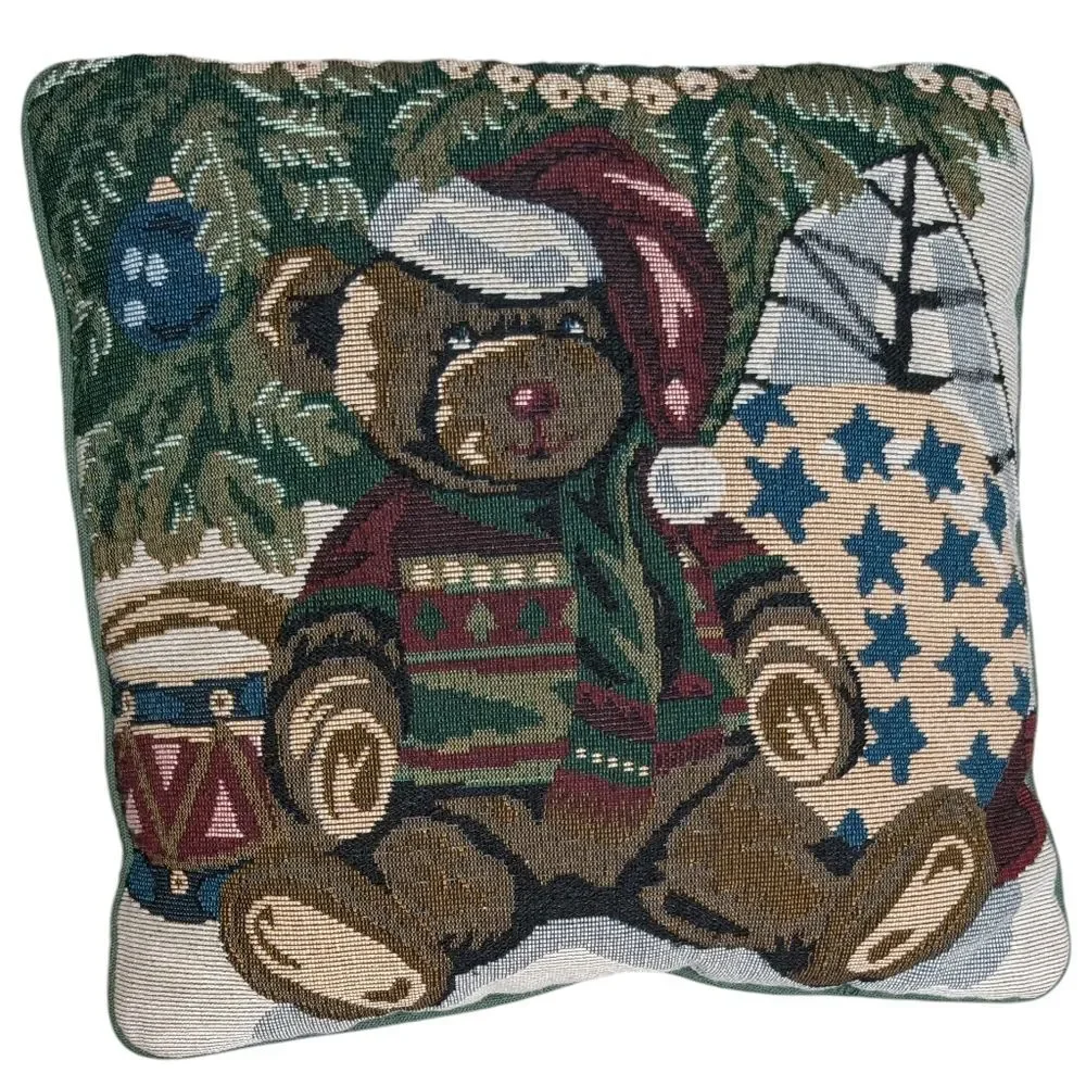 Vintage Teddy Bear Tapestry Accent Pillow seasonal Christmas Holiday home decor